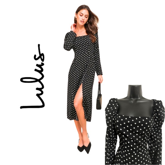 Lulus Dresses & Skirts - LULU’S Black Polka Dot Long Sleeve Midi Dress Women’s Size Large